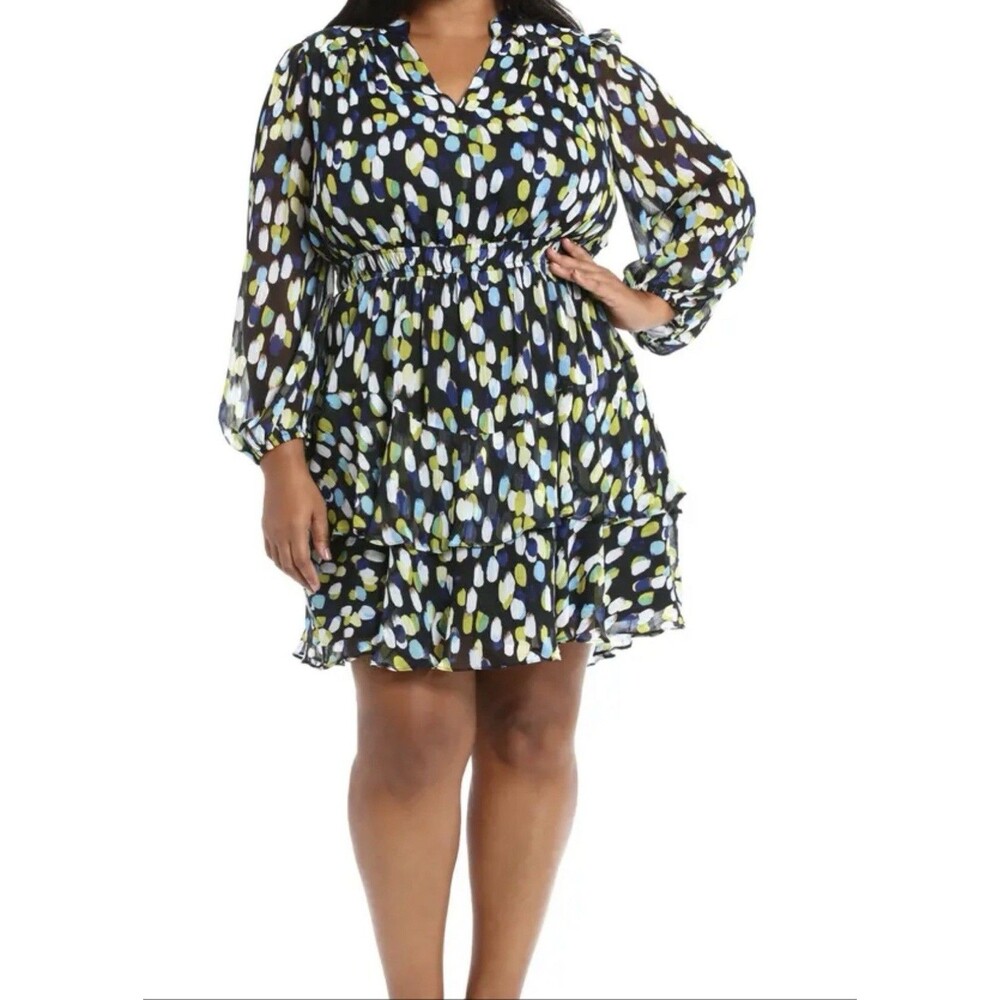 London Times Yuryu Long Sleeve Fit & Flare Dress Black & Blue Yellow Size 16